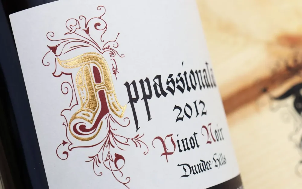 Closeup of the Appassionata 2012 Pinot Noir wine label